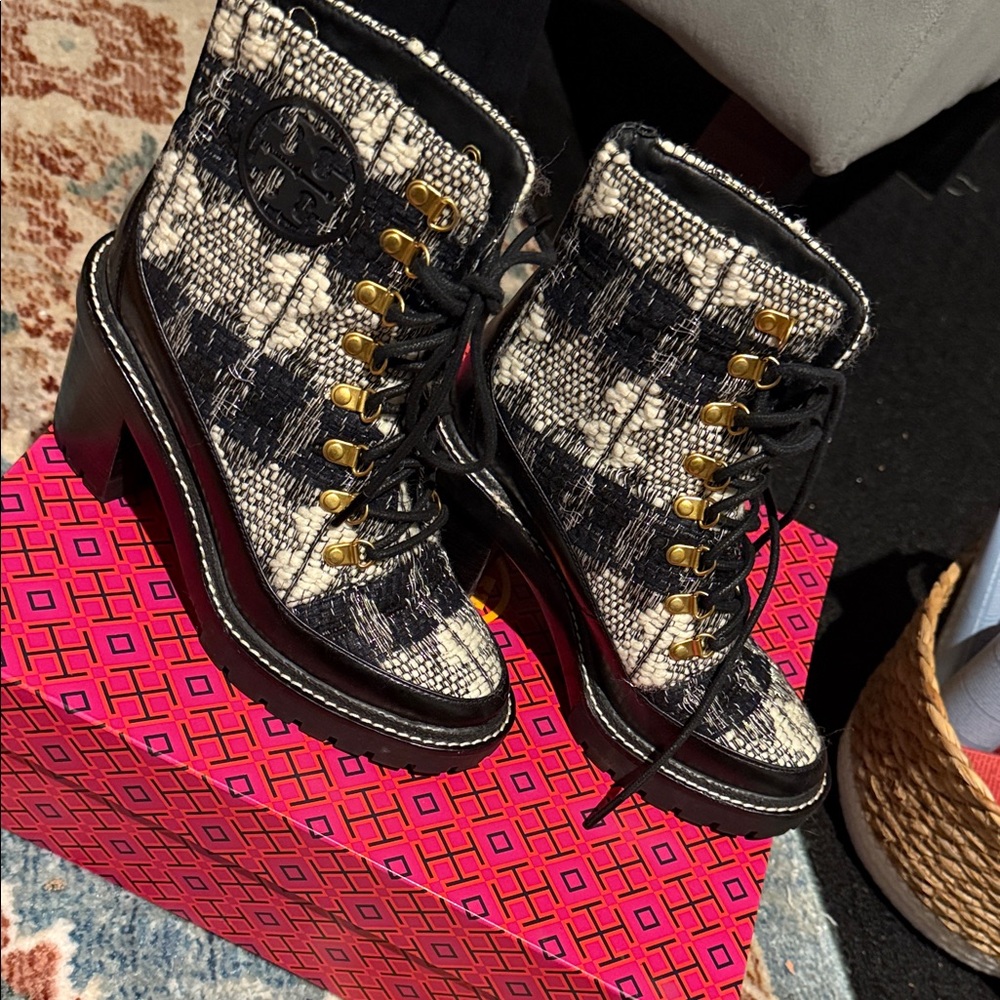 Tory Burch Black and Cream Lace-Up Boots